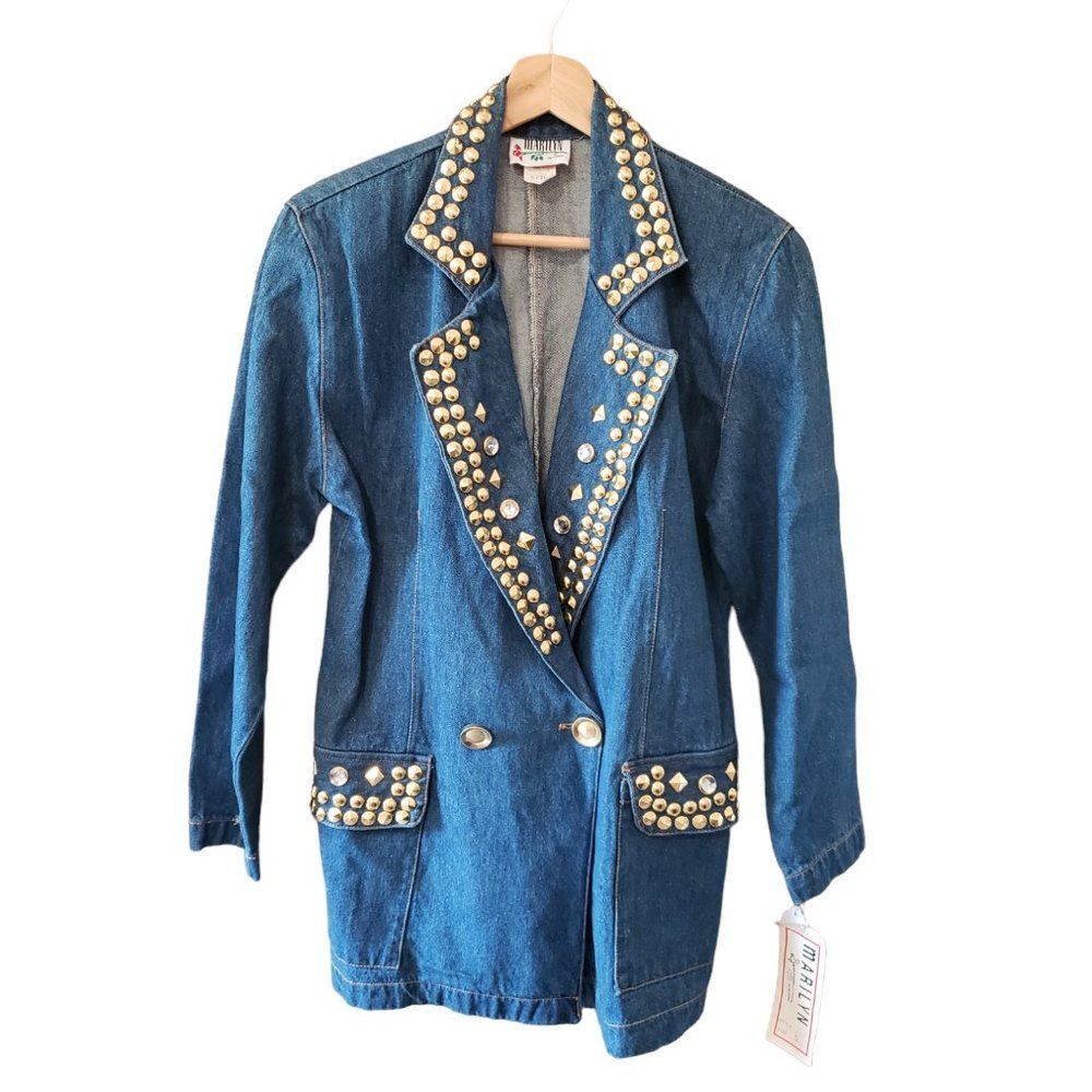 Vtg Marilyn California Gold Studded Rhinestone Denim Jacket Blazer New W/Tag NOS